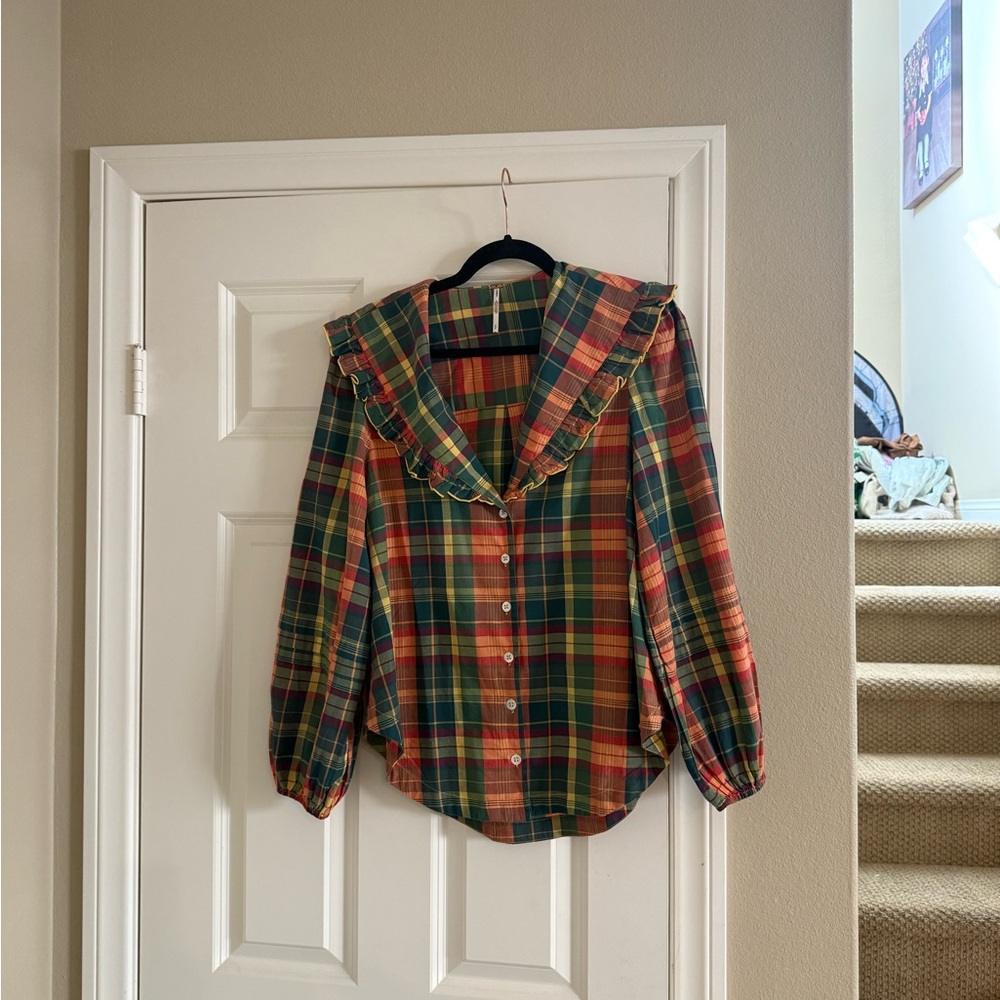 Free People Multicolor Plaid Ruffle Blouse
